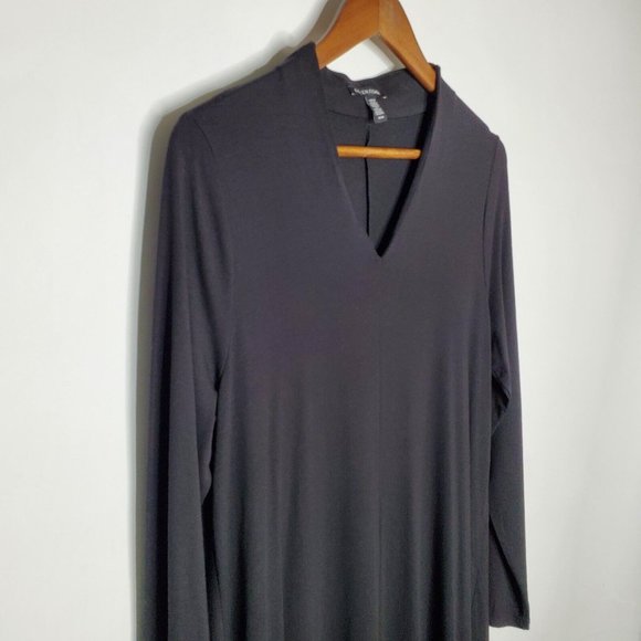 Eileen Fisher Womens Solid Black Midi Dress Size M Long Sleeve V Neck Minimalist - Picture 2 of 10